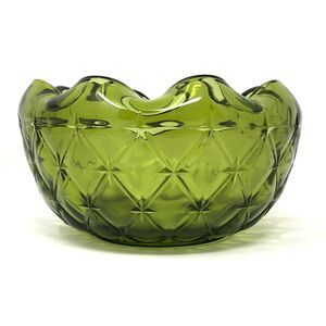 Vintage Indiana Glass Crimped Bowl Avocado Olive Green Duette Rose Starburst
